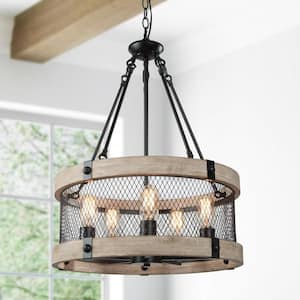 Wood Drum Chandelier, 5-Light Brown Caged Farmhouse Chandelier Round Island Rustic Pendant Light Dining Room Chandelier