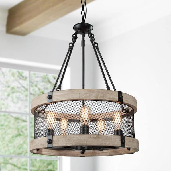 LNC Wood Drum Chandelier, 5-Light Brown Caged Farmhouse Chandelier Round Island Rustic Pendant Light Dining Room Chandelier