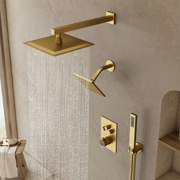 Thermostatic 7-Spray 12 in. and 6 in. Wall Mount Shower System with Hand Shower 2.5 GPM in Brushed Gold(Valve Included)