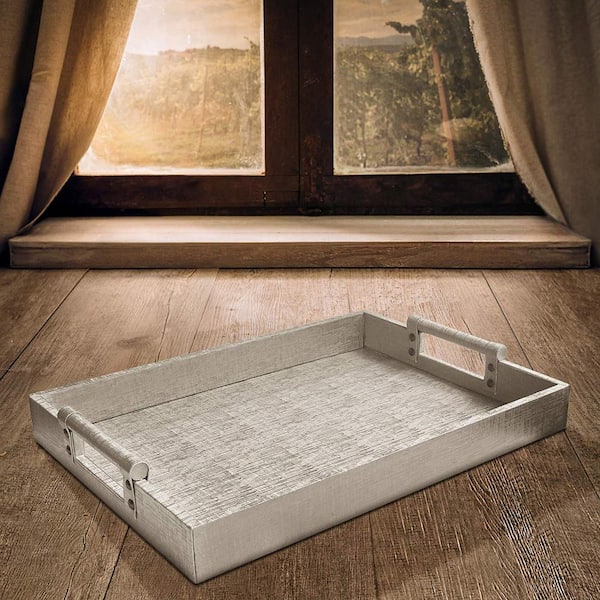 19 in. x 2 in. x 14 in. Silver Faux Leather and Wooden Rectangle Serving Tray with Handles