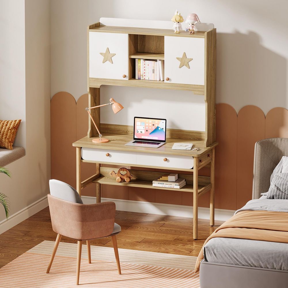 BYBLIGHT Witham Brown Kids Study Desk Writing Desk with Hutch