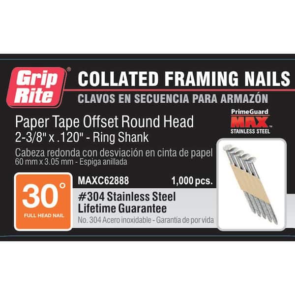 Grip-Rite 2-3/8 in. x 0.120 in. Paper Taped 1M Ring Shank 304 Stainless Steel Offset Round Head Nails
