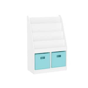 23.5 in. Wide White Kids Bookshelf and Toy Organizer with 4 Bookracks and 2-Cubbies with 2-Aqua Fabric Bins