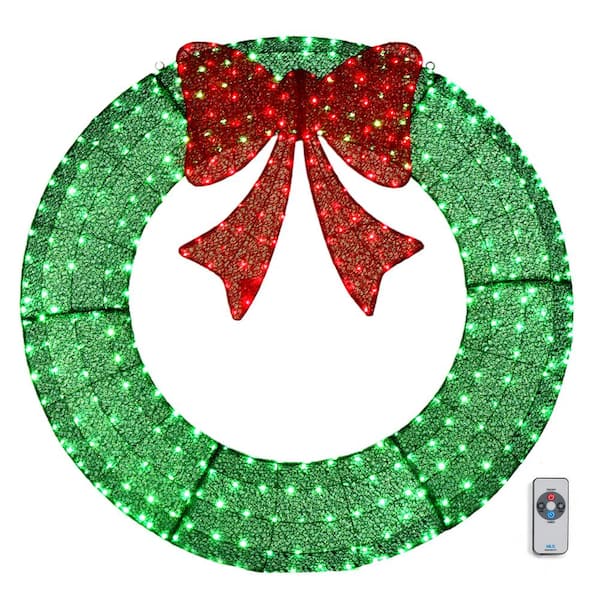 5 ft. Green Pre-lit Outdoor Large Wreath LED Artificial Christmas Garland with Red Bows