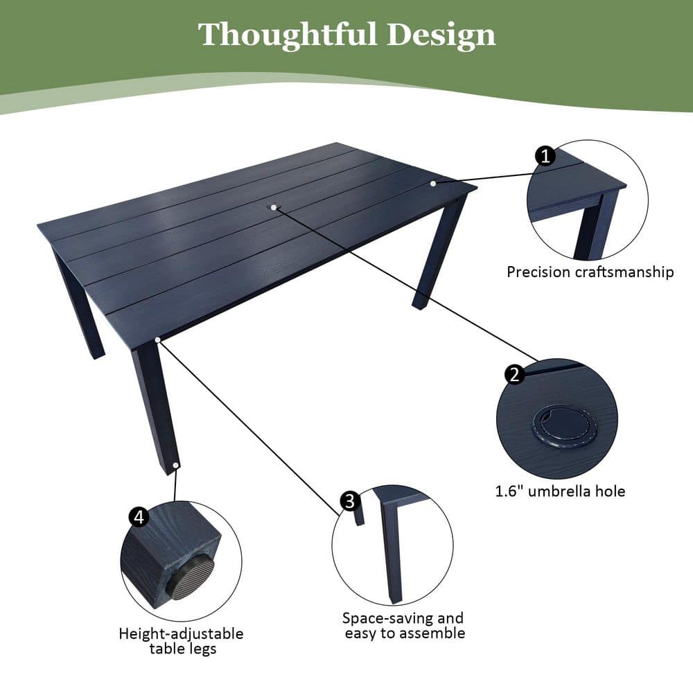 Infographic showing design features of the navy blue outdoor dining table.