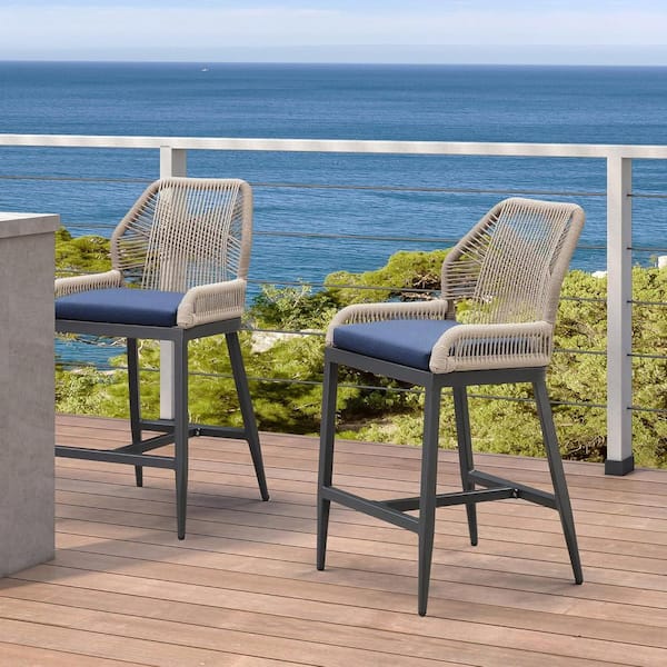 PURPLE LEAF Modern Aluminum Twill Wicker Woven Counter Height Outdoor Bar Stool with Back and Sunbrella Navy Blue Cushion (2-Pack)