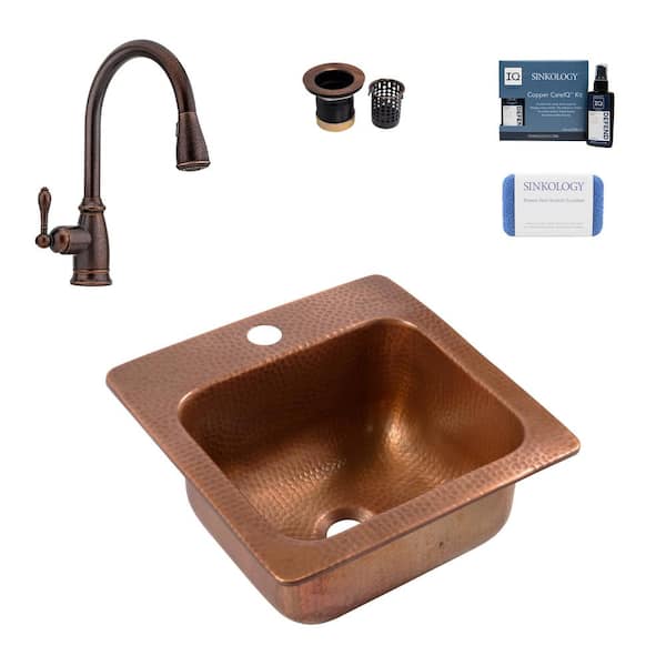 SINKOLOGY Angelico 16 Gauge 15 in. Copper DropIn Bar Sink in Antique Copper with Canton Faucet