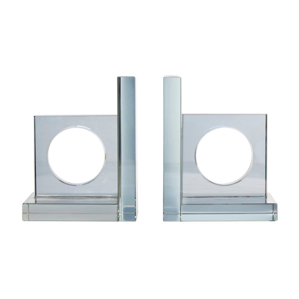 Clear Glass Geometric Non-Skid Bookends with Circle Cut Outs