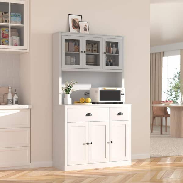 VEIKOUS Kitchen Pantry Organizers with Adjustable Shelves, Buffet Cupboard and Microwave Stand in White