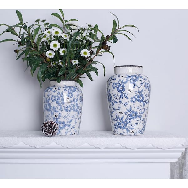 Round Blue Vase Flower Ceramic Porcelain Vintage Chinoiserie