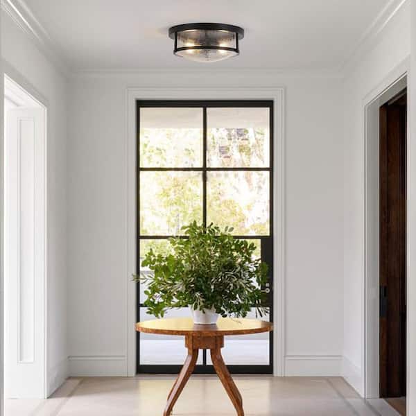 2-Light Flush Mount Ceiling Light – Black & Silver Farmhouse Style With Seeded Glass Shade, Industrial Fixture For Hallway, Kitchen, Entryway, Foyer
