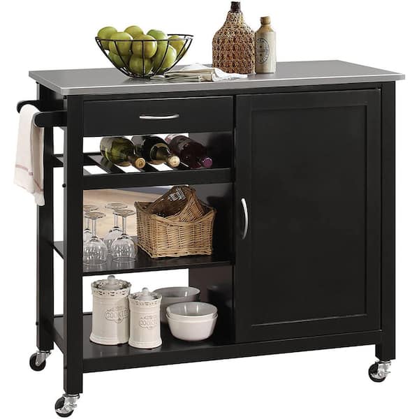 Acme Black Kitchen Island Storage Cart With Stainless Steel Countertop Caster Wheels Wine Bottle Rack And Shelves Aybszhd167 The Home Depot Acme Black Kitchen Island Storage Cart, Black Kitchen Cart Island