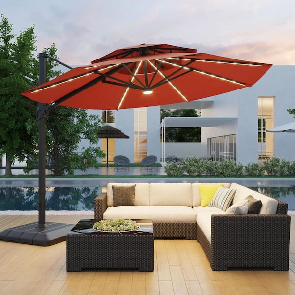 Sonkuki 11 ft. Double Top Aluminum LED Cantilever Patio Umbrella with Base for Patio Deck Garden in Rust Red