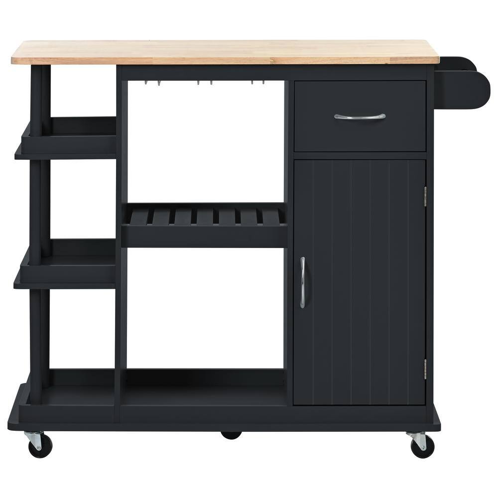 Black Wood 40 in. Kitchen Island with Wine Rack and Adjustable Storage