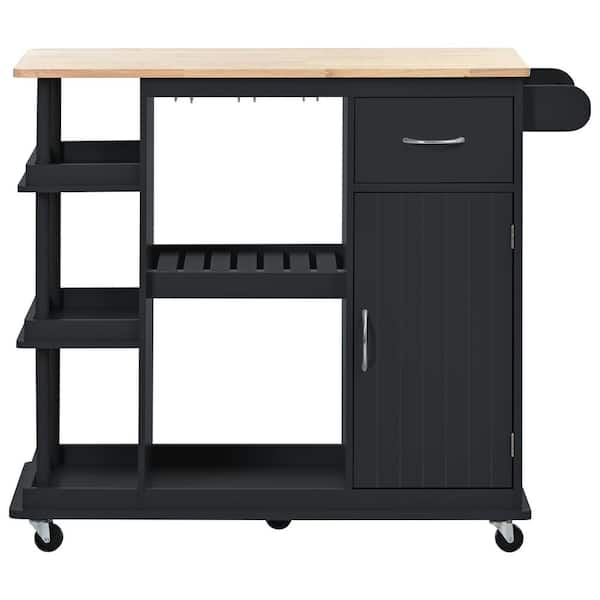 Black Wood 40 in. Kitchen Island with Wine Rack and Adjustable Storage ...