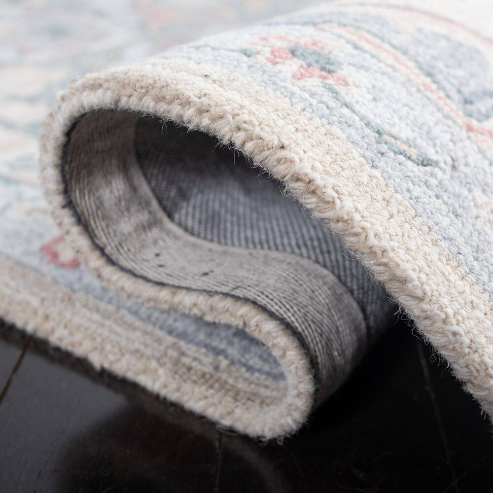 Beige and Blue Hand-Tufted Wool Round Area Rug