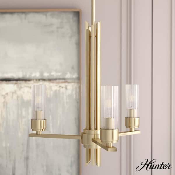 Hunter Gatz 3-Light Alturas Gold Candlestick Chandelier with Ribbed Glass Shades