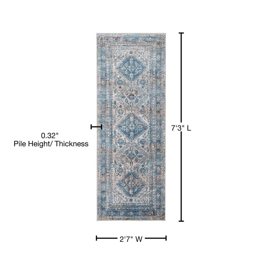 Livabliss Blue and Grey Vintage Medallion Runner Rug, 2'7" x 7'3"