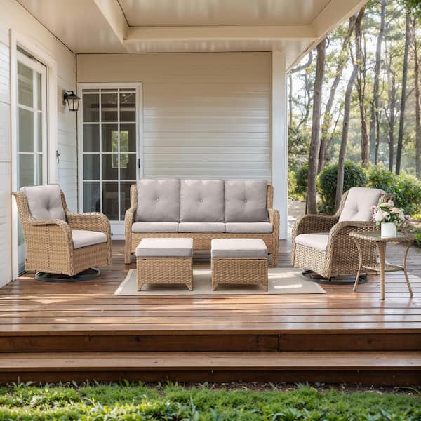 6-Piece Yellow Wicker Patio Conversation Set with Olefin Beige Cushions and Swivel Glider Chairs/Couch