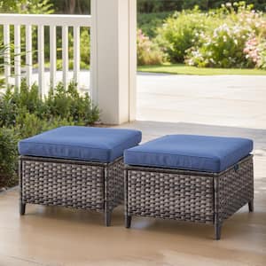 Gray Wicker Outdoor Ottoman with Blue Cushions (2-Pack)