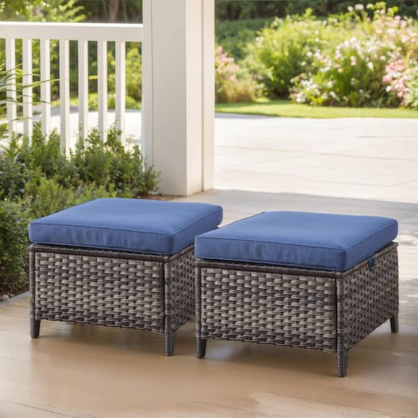 moosprr Gray Wicker Outdoor Ottoman with Blue Cushions (2-Pack)