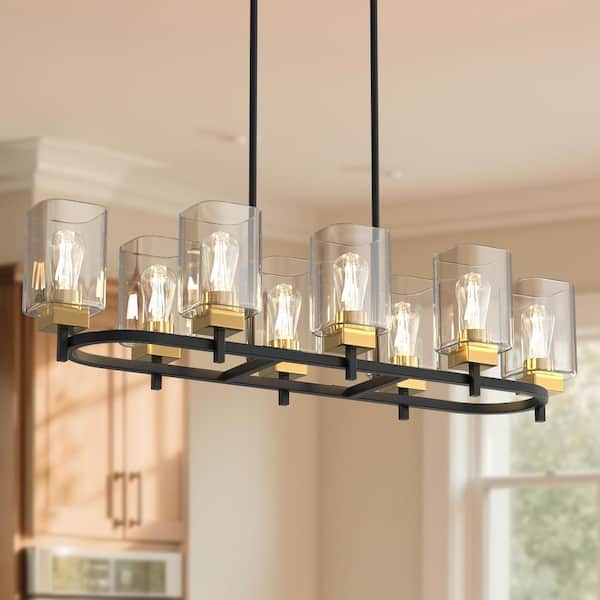 8-Light Black and Gold Linear Chandelier with Glass Shades, Ring Frame Pendant Light for Kitchen Island, Dining Room