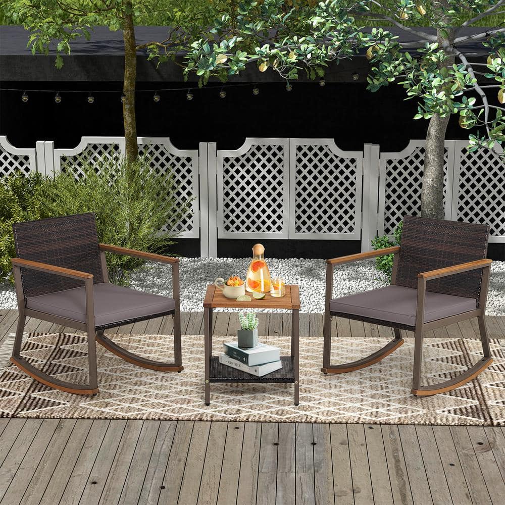 3-Piece Wicker Outdoor Bistro Set Rocking Chairs with Brown Cushions price history on PriceWatchPro