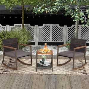 3-Piece Wicker Outdoor Bistro Set Rocking Chairs with Brown Cushions