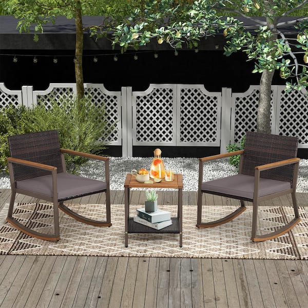 3-Piece Wicker Outdoor Bistro Set Rocking Chairs with Brown Cushions