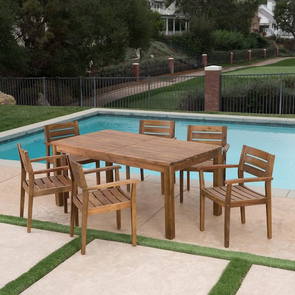 Noble House Aloha Multi-Brown Outdoor Acacia Wood Expandable 7 Piece Dining Set