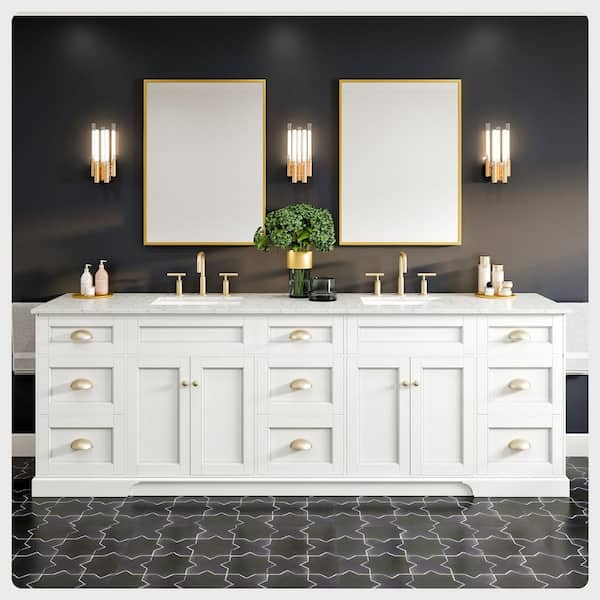 Epic 96 in. Double Sink White Bath Vanity with White Carrara Quartz Top (Assembled)