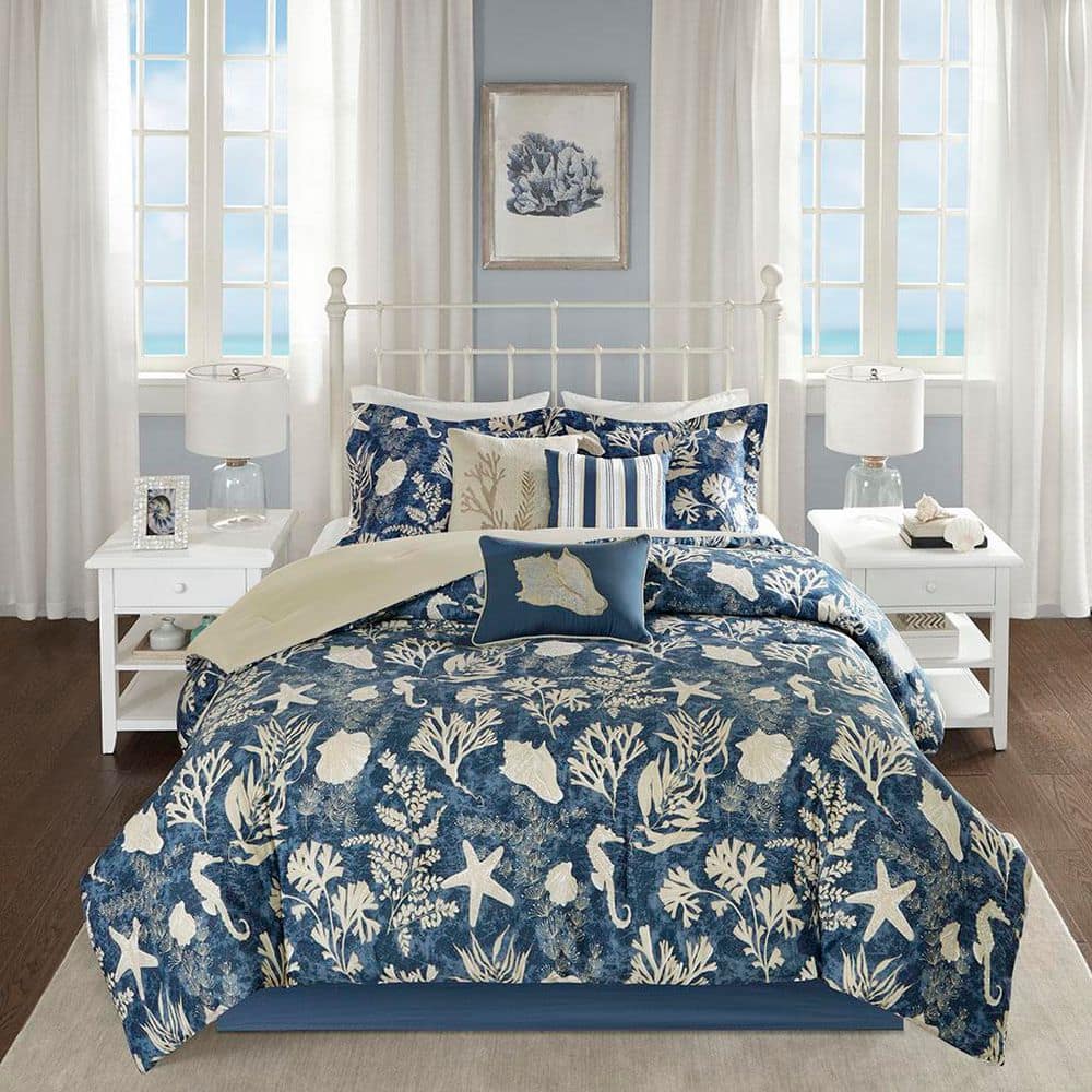 Blue Coastal Cotton Queen Comforter Set with Embroidered Details
