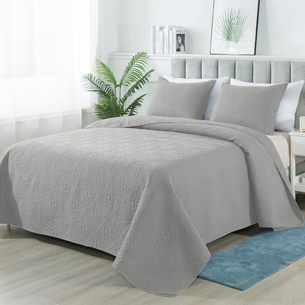 JEAREY 3-Piece Light Gray Modern Microfiber Full/Queen-Quilt-Set Quilt Set