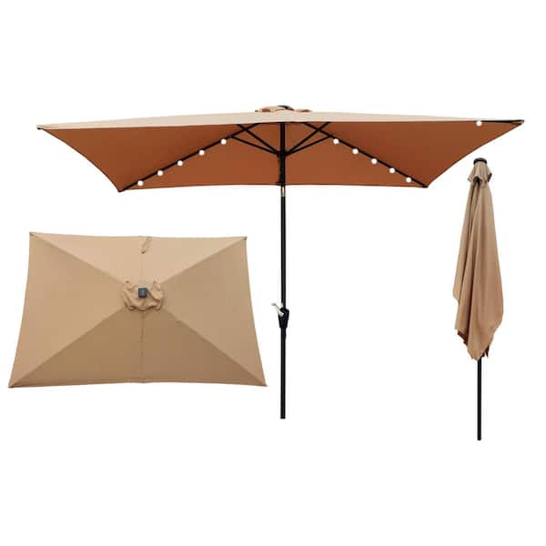 Afoxsos 10 ft x 6.5 ft Rectangular Patio Solar LED Lighted Outdoor Market Umbrellas in Brown with Crank and Push Button Tilt