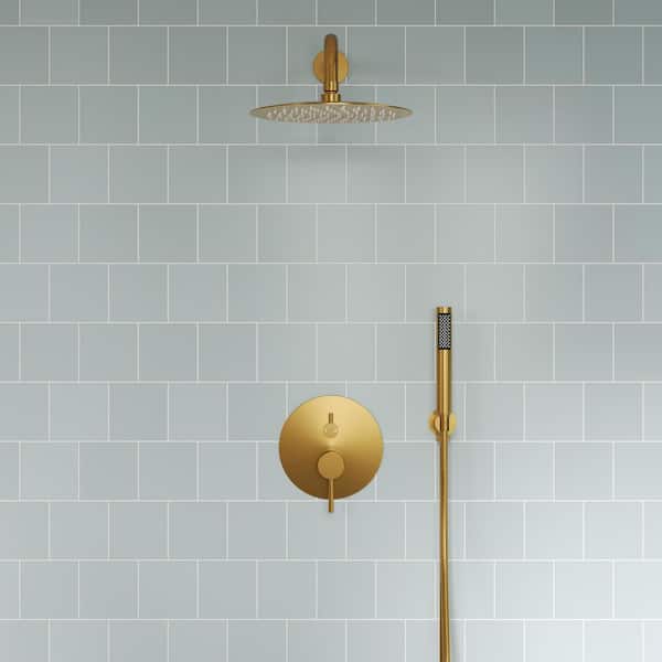 Double Handle 2-Spray 10 in. Wall Mount Shower Faucet 2.5 GPM with Anti Scald in Brushed Gold Valve Included