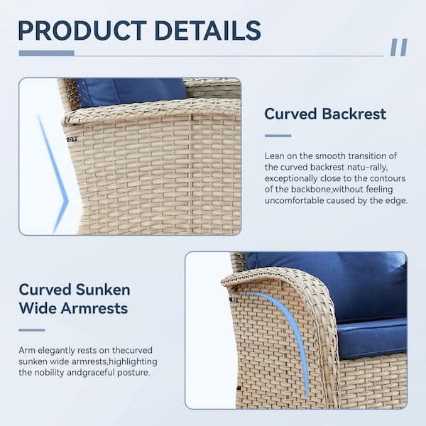 Light Beige Wicker Outdoor Rocking Chair with Olefin Blue Cushion and Gliding Function (1-Pack)