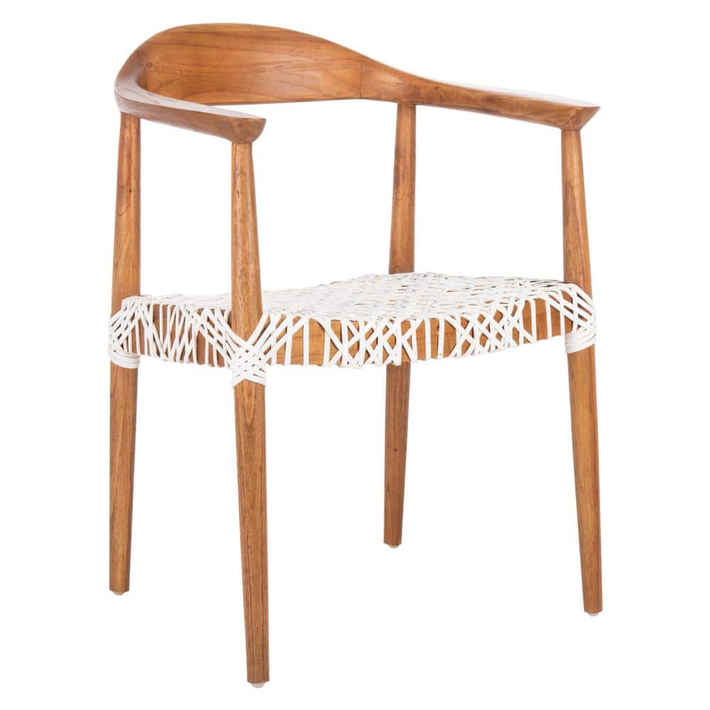 Natural Mindi Wood and White Leather Woven Accent Chair