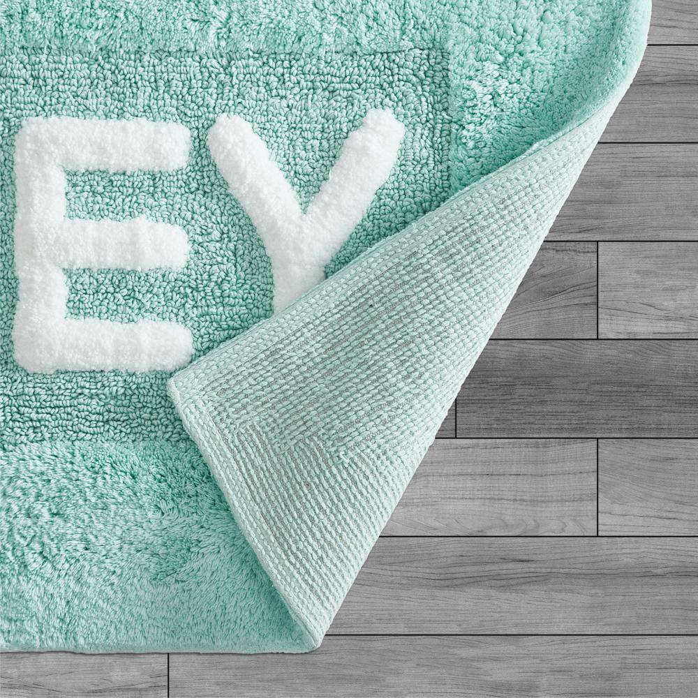 Aqua Cotton Bath Rug with 'They' Pattern, 21" x 34"