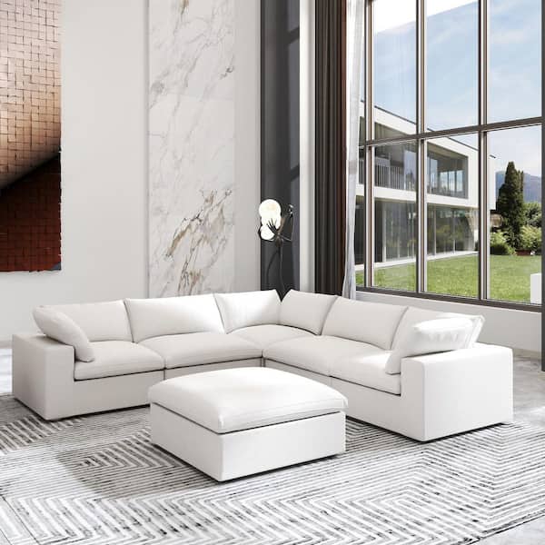 120 in. Square Arm L Shaped Linen 7-Seat Deep Seat 6-Piece Sectional Sofa White for Living Room and Spacious Space