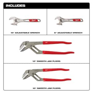 6 in. and 10 in. Adjustable Wrench set, 12 in. Dipped Grip Smooth Jaw Pliers and 10 in. Dipped Grip Smooth Jaw Pliers