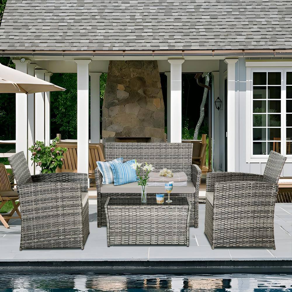 JUSKYS Gray 4Piece Outdoor Patio Rattan Polyethylene Resin Wicker