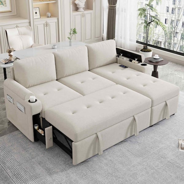 83.5 in. Square Arm Chenille Sectional Sofa with Ample Storage Space, 2-Cup Holders and 2 USB Ports in Beige