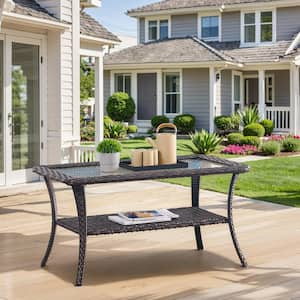 Brown Rectangle Wicker Outdoor Coffee Table with Tempered Glass Top and Storage Space