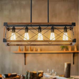 Retro 5-Light Walnut&Black Rectangular Chandelier for Kitchen Island Living Room with No Bulbs Included