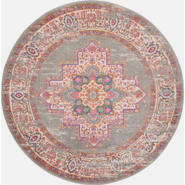 Nourison Passion Grey 4 ft. x 4 ft. Bordered Transitional Round Rug