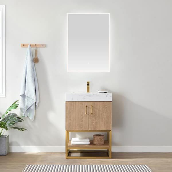 ROSWELL Alistair 24 in. W x 22 in. D x 33.9 in. H Bath Vanity in Oak with Stone Vanity Top in White With Sinks and Mirror