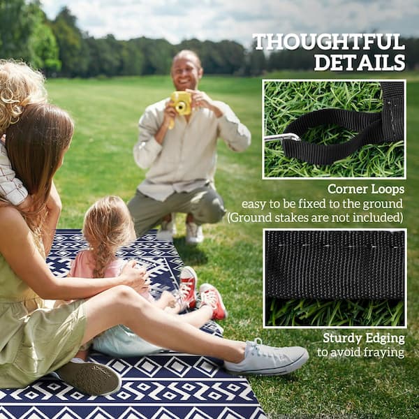 Blue and White Rhombus Border 9 ft. x 18 ft. Waterproof Plastic Straw Floor Mat Large Reversible Outdoor Rug Area Rug