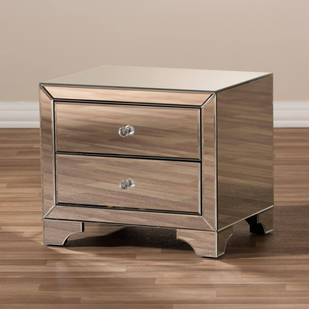 Elegant Silver Mirrored 2-Drawer Nightstand with Crystal Handles