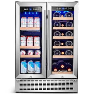 24 in. Dual Zone 19-Wine Bottles and 57-Cans Beverage and Wine Cooler in Stainless Steel with Safety Locks