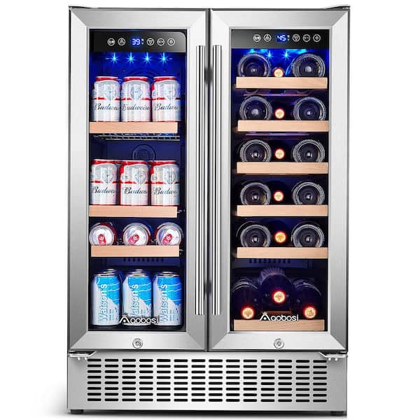 Aaobosi 24 in. Dual Zone 19-Wine Bottles and 57-Cans Beverage and Wine Cooler in Stainless Steel with Safety Locks